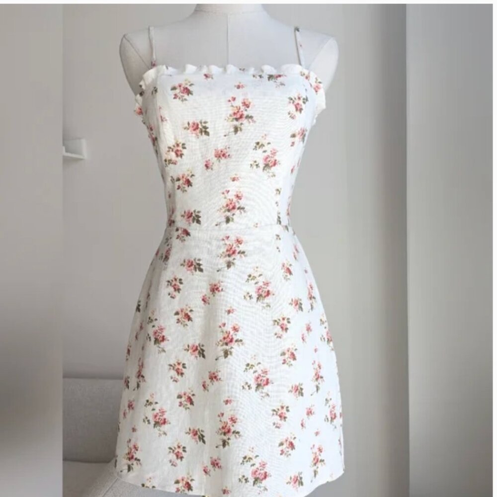 Reformation Ava Ruffle Linen floral Mini Dress